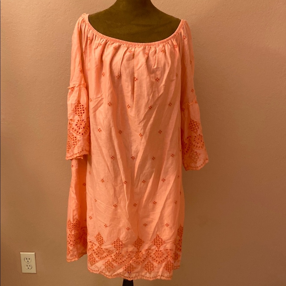 St JOHN’S BAY. Peach. Off-Shoulder Dress with Embroidered Details
